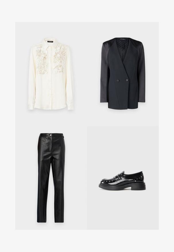 Czarna marynarka dwurzędowa o wyrazistym kroju, z satynowymi akcentami na ramionach i teksturowaną podszewką. Gładki materiał o prostych liniach.; Kremowa koszula z teksturowanym haftem w kwiaty na klatce piersiowej, z klasycznym kołnierzykiem i zapięciem na guziki. Długie rękawy.; Czarne spodnie z faux skóry z wzorem krokodyla, slim fit, prosty krój nogawki, z zapięciem na guziki z przodu i standardowym pasem.; Czarne lakierowane loafersy z dekoracyjnymi srebrnymi ćwiekami, okrągły czubek, niski blokowy obcas i gładka, błyszcząca tekstura.