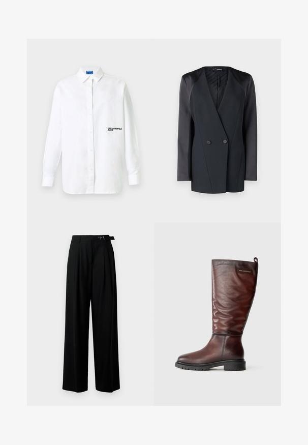 Juodas dublis su dviem mygtukais, turintis struktūrizuotą siluetą, satino peties akcentus ir tekstūruotą vidinį pamušalą. Lygus audinys su tvarkingomis linijomis.; Balti ilgomis rankovėmis marškiniai su apykakle ir juodu „KARL LAGERFELD JEANS“ tekstiniu logotipu kairėje krūtinės pusėje.; Juodos plačios kojų kelnės su aukštu liemeniu, priekinėmis klostėmis ir diržu su sagtimi. Pagamintos iš lygaus, lengvo audinio.; Rudi odiniai iki kelių batai su šiek tiek pasvirusiu dizainu, apvalia nosimi ir storu, tekstūruotu juodu guminio padu. Yra logotipo randas.