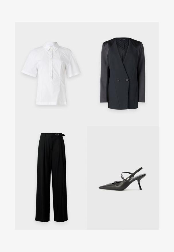 Zwarte dubbelbreasted blazer met een gestructureerd silhouet, satijnen schouderaccenten en een textuurrijke voering. Glad stof met strakke lijnen.; Witte blouse met korte mouwen en een kraag, voorzien van een voorpaspel met zes knopen, gemaakt van gladde, lichte stof.; Zwarte wijde broek met hoge taille, plooien aan de voorkant en een riem met een gesp. Gemaakt van glad, lichtgewicht stof.; Zwarte leren slingback hakken met een spitse neus, slanke hak en decoratieve gespdetails op de bovenkant. Gladde textuur en een strakke uitstraling.
