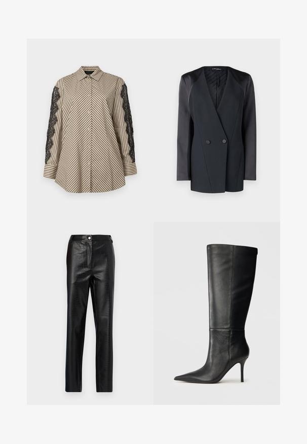 Mustmust valge jope, millel on struktureeritud siluett, satiinist õlavarre aktsendid ja tekstureeritud vooder. Sile kangas, millel on puhtad jooned.; Kaelusega särk, millel on vertikaalsed mustad ja beeži triibud. Särgil on musta pitsiga detailid mõlema varruka peal. Nupuga esiosa, mugav lõige.; Musta kunstnahast püksid krokodillimustriga, kitsas istuvus, sirge jala disain, millel on ees nuppude sulgemine ja tavaline vöökoht.; Mustad nahast kuni põlveni ulatuv saabas terava ninaga ja kitsa tikk-kandaga, siledate tekstuuriga, külgprofiil neutraalsel taustal.