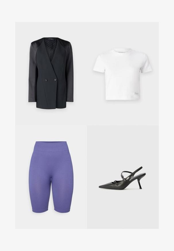 Juodas dublis su dviem mygtukais, turintis struktūrizuotą siluetą, satino peties akcentus ir tekstūruotą vidinį pamušalą. Lygus audinys su tvarkingomis linijomis.; Balta trumpa marškinėlių suapvalinta iš lygios medvilnės, su aukštu iškirpimu ir trumpomis rankovėmis. Mažas išsiuvinėtas logotipas apatinėje kampe.; Purpurinės aukštai juosmens dviračių šortai su raukšlėta tekstūra, prigludusiu dizainu ir iki vidurio šlaunies ilgiu. Be pastebimų detalių ar raštų.; Juodi odiniai slingback kulniukai su smailiu pirštu, siauru kulnu ir dekoratyvine sagtimi viršuje. Lygus paviršius ir elegantiškas dizainas.