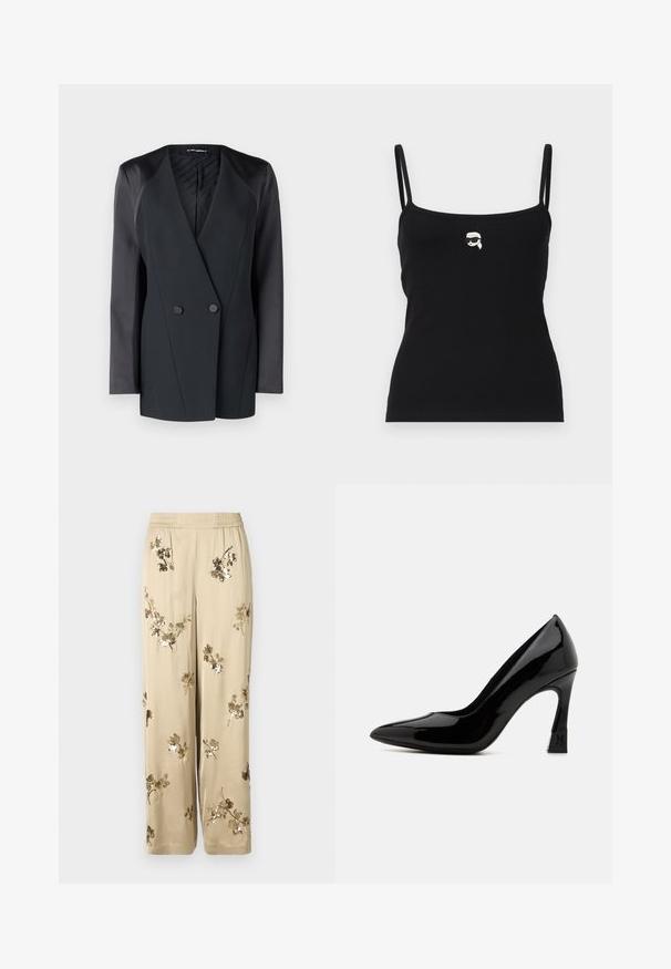 Blazer negro de doble botonadura con una silueta estructurada, acentos de satén en los hombros y un forro interior texturizado. Tela suave con líneas limpias.; Top negro de canalé con tirantes finos, que presenta un pequeño gráfico blanco de un personaje con gafas de sol en el frontal.; Pantalones de pierna ancha en beige, confeccionados en un material sedoso, con adornos de lentejuelas florales doradas, una cintura elástica y pierna recta.; Zapato de tacón alto de charol negro con punta afilada y tacón cuadrado que presenta un acento de logo. Textura de superficie suave y brillante.