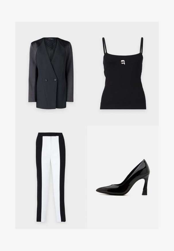 Musta kaksirivinen bleiseri, jossa on tukeva siluetti, satiiniset olkapään korostukset ja teksturoitu vuori. Sileä kangas ja puhtaat linjat.; Musta ribattupaita ohuiden hihnojen kanssa, jossa on edessä pieni valkoinen graafinen kuva hahmosta aurinkolasit päässä.; Musta-valkoiset kapenevat housut, joissa on slim fit-malli ja erottuvat paneelit. Kangas on sileä, ja vyötärö on litteä ja hyvin istuva.; Musta lakattu nahkainen korkokenkä, jossa on terävä nenä ja lohkarekäsi, jossa on logoesine. Sujuva, kiiltävä pintatekstuuri.