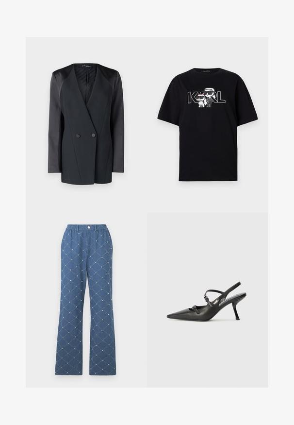 Črni dvoredni blazer s strukturirano silhueto, satenastimi ramenskimi akcenti in teksturirano notranjo podlogo. Gladka tkanina s čistimi linijami.; Črna bombažna majica s grafikonom dveh risanih figur v sončnih očalih, ob spremljavi besedila "KARL" v poglobljenih črkah.; Modre hlače s vzorcem z diamantasto prešito zasnovo, ki vsebujejo majhne okrasne perle, elastični pas in gumbasto zapiranje.; Črne usnjene sandale na peto s koničastim nosom, vitko peto in okrasno zaponko na sprednjem delu. Gladka tekstura in eleganten dizajn.