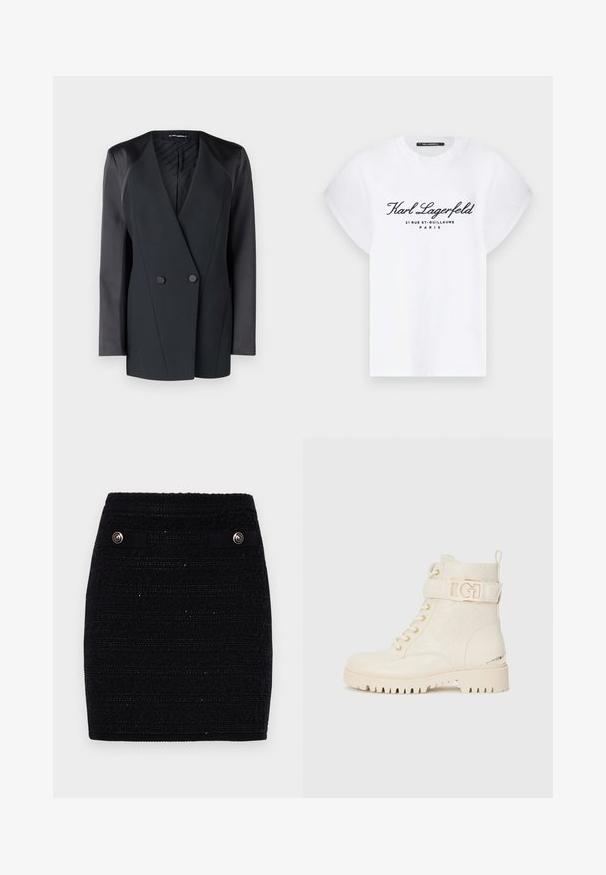 Blazer duplo em preto com uma silhueta estruturada, detalhes em cetim nos ombros e um forro texturizado. Tecido suave com linhas limpas.; T-shirt de algodão branca com mangas curtas e dobradas. Apresenta texto preto: "Karl Lagerfeld 21 RUE ST-GUILLAUME PARIS" na frente.; Saia preta texturizada com riscas horizontais, bolsos frontais decorativos com botões em tom de prata e uma silhueta ajustada.; Botas brancas até ao tornozelo com um design em relevo floral, fecho com atacadores, uma tira lateral com um logótipo dourado e uma sola robusta para maior aderência.