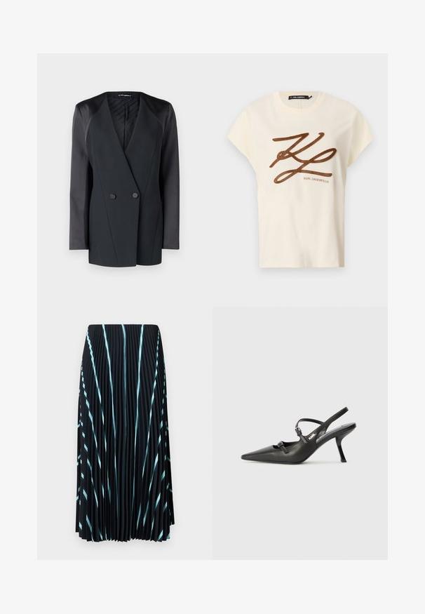 Melns dubultā piegriezuma bleikeris ar strukturētu siluetu, satīna plecu akcentiem un teksturētu iekšējo oderi. Gluda auduma ar tīrām līnijām.; Krēma krāsas kokvilnas T-krekls ar īsām piedurknēm, priekšpusē ar brūnu izšūtu logo un uzrakstu.; Melna plisēta svārki ar gaiši ziliem diagonāliem svītrām. Izgatavoti no viegla, teksturēta auduma. Garums līdz vidus telei, bez redzamām aizdares.; Melnas ādas slingback papēži ar norādītu purngalu, izsmalcinātu papēdi un dekoratīvu sprādzi uz priekšpuses. Gluda tekstūra un elegants dizains.