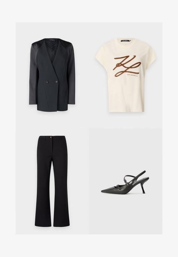 Zwarte dubbelbreasted blazer met een gestructureerd silhouet, satijnen schouderaccenten en een textuurrijke voering. Glad stof met strakke lijnen.; Crème-kleurige katoenen t-shirt met korte mouwen, met een bruin geborduurd logo en scriptontwerp op de voorkant.; Zwarte flared broek van een gladde stof, met een sluiting met een frontrits, riemlussen en een strakke, op maat gemaakte uitstraling.; Zwarte leren slingback hakken met een spitse neus, slanke hak en decoratieve gespdetails op de bovenkant. Gladde textuur en een strakke uitstraling.