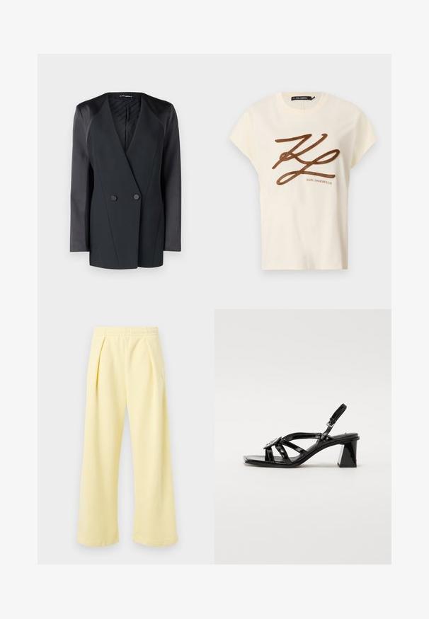 Fekete, dupla soros blézer, strukturált sziluettel, selyem vállrész kiemelésekkel és texturált belső béléssel. Simább anyag, tiszta vonalakkal.; Krém színű pamut póló rövid ujjakkal, melyen elöl egy barna hímzett logó és felirat található.; Sárga, bőszárú nadrág bordázott textúrával és rugalmas derékrésszel. Elöl pliszírozott, oldalán kis hímzett díszítéssel.; Fekete lakkbőr, nyitott orrú, magas sarkú szandál széles pántokkal, állítható csattal és geometrikus blokkfallal.