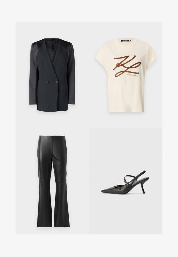 Blazer noir à double boutonnage avec une silhouette structurée, accents satinés aux épaules et doublure intérieure texturée. Tissu lisse aux lignes épurées.; T-shirt en coton couleur crème à manches courtes, avec un logo brodé marron et un design en script à l'avant.; Pantalons en faux cuir noirs taille haute avec jambes évasées et détails de couture à l'avant, présentés sur un fond blanc uni.; Talons slingback en cuir noir avec un bout pointu, un talon fin et un détail de boucle décorative sur le vamp. Texture lisse et design épuré.