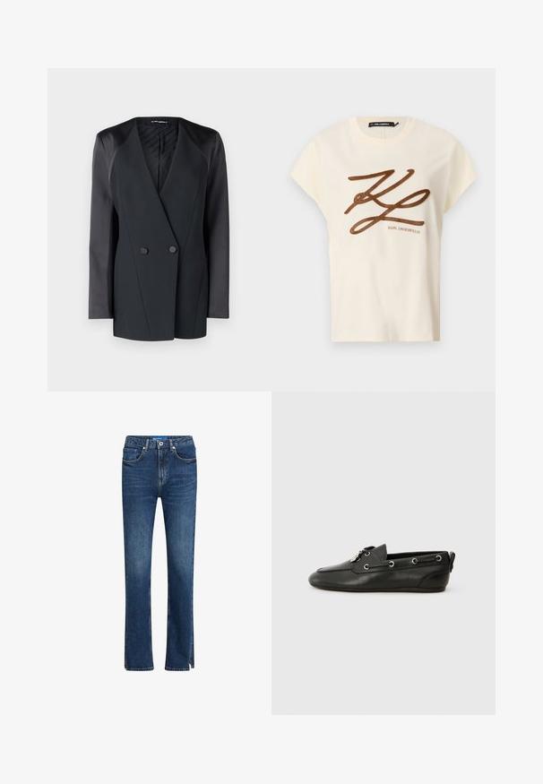 Crni dvostruko kopčani sako sa strukturom, satenskim detaljima na ramenima i teksturiranom unutrašnjosti. Glatka tkanina s urednim linijama.; Krem majica od pamuka s kratkim rukavima, sa smešnim izvezenim logotipom i natpisom na prednjoj strani.; Plave traperice s ravnim krojem, pet džepova, kontrastnim šavovima i bočnim prorezima na rubu za dodatnu detaljnost.; Crne kožne brodske cipele s zaobljenim vrhom, vezanjem sprijeda, metalnim očicama i ravnim potplatima. Imaju mali ekscentar straga.