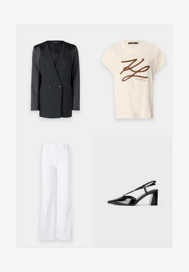 Schwarzer Doppelreiher-Blazer mit strukturierter Silhouette, satinierten Schulterakzenten und einem texturierten Innenfutter. Glattes Gewebe mit klaren Linien.; Cremfarbener Baumwoll-T-Shirt mit kurzen Ärmeln, mit einem braunen gestickten Logo und Schriftzug auf der Vorderseite.; Weiße Schlagjeans aus Denim, mit hoher Taille, Fronttaschen und Knopfverschluss. Glatte Textur und klare Linien.; Schwarze lackleder Slingback-High-Heels mit spitz zulaufender Zehenpartie, verstellbarem Riemen und klobigem rechteckigem Absatz.