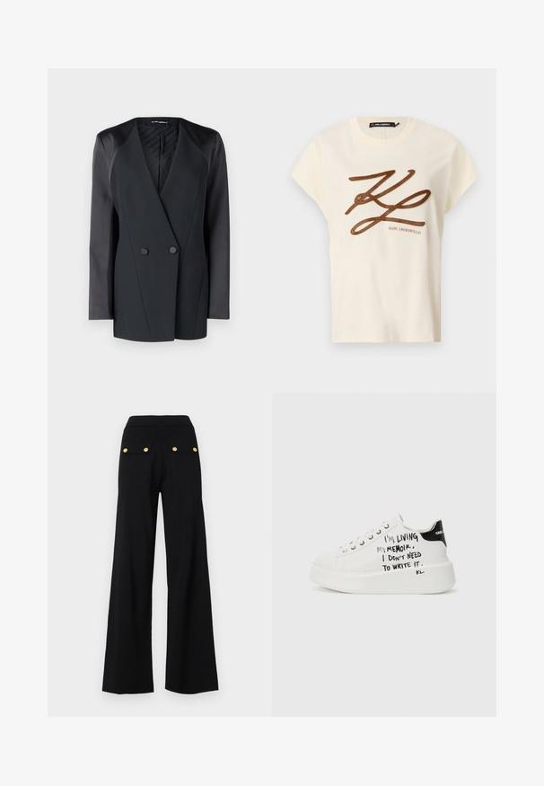 Juodas dublis su dviem mygtukais, turintis struktūrizuotą siluetą, satino peties akcentus ir tekstūruotą vidinį pamušalą. Lygus audinys su tvarkingomis linijomis.; Kreminės spalvos medvilninė marškinė su trumpomis rankovėmis, priekyje papuoštos rudai siuvinėjamu logotipu ir užrašu.; Juodos plačios kelnės su elastingu juosmeniu, dviem užpakalinėmis kišenėmis su auksinės spalvos mygtukais ir lygiu tekstūru.; Baltos platformos sportbačiai su juodais akcentais, turintys tekstūruotą pado ir ranka rašytą tekstą šonuose. Lygus odos paviršius.