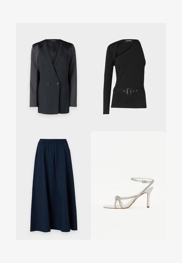 Blazer negro de doble botonadura con una silueta estructurada, acentos de satén en los hombros y un forro interior texturizado. Tela suave con líneas limpias.; Top negro de manga larga con escote asimétrico y cintura ajustada, que presenta un diseño con cinturón y detalle de hebilla metálica.; Falda larga de color azul marino, hecha de un tejido texturizado con una cinturilla elástica y sutiles rayas verticales.; Sandalía blanca de tacón alto con una tira texturizada que cuenta con strass, diseño de punta abierta y correa para el tobillo con hebilla ajustable.