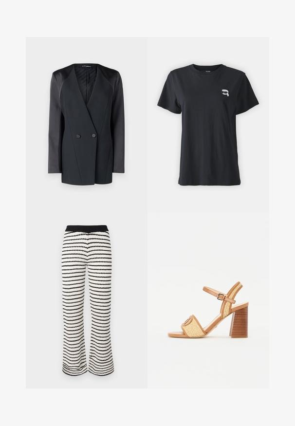 Czarna marynarka dwurzędowa o wyrazistym kroju, z satynowymi akcentami na ramionach i teksturowaną podszewką. Gładki materiał o prostych liniach.; Czarna bawełniana koszulka z krótkim rękawem i okrągłym dekoltem. Posiada mały, biały nadruk na piersi. Gładka faktura, luźny krój.; Dzianinowe spodnie o szerokich nogawkach w czarno-białe paski. Posiadają ściągacz w talii oraz fakturowany materiał z falistym wzorem w całej powierzchni.; Brązowe skórzane sandały na obcasie z plecionego słomy, z paskiem na kostce, otwartym noskiem i solidnym, przypominającym drewno obcasem z poziomymi paskami.