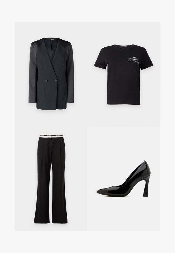 Sacou negru cu două rânduri de nasturi, cu o siluetă structurată, accente de satin la umeri și o căptușeală interioară texturată. Material neted, cu linii clare.; Tricou scurt cu mânecă neagră, din bumbac. Prezintă o grafică albă cu textul "KARL" și o figură stilizată pe piept. Guler rotund.; Pantaloni negri cu o croială lejeră, având o brățară elastică albă cu branding. Realizați dintr-un material neted cu un Luciu ușor.; Pantofi cu toc înalt din piele patentată neagră, cu vârf ascuțit și toc pătrat, având un accent de logo. Textură netedă și strălucitoare.