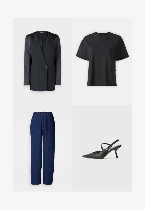 Fekete, dupla soros blézer, strukturált sziluettel, selyem vállrész kiemelésekkel és texturált belső béléssel. Simább anyag, tiszta vonalakkal.; Fekete, rövid ujjú pamut póló, laza szabású, kontrasztos oldalsó panelekre jellemző kis szöveggel és dizájn részletekkel.; Sötétkék farmer széles lábú nadrág magas derékkal, narancssárga varrásokkal, elölt zsebekkel és gombos záródással. Sima textúra, finom foltokkal.; Fekete bőrszíjjal ellátott magassarkú cipő, hegyes orral, karcsú sarkával és díszes csattal a vamp részén. Simás textúra és elegáns dizájn.