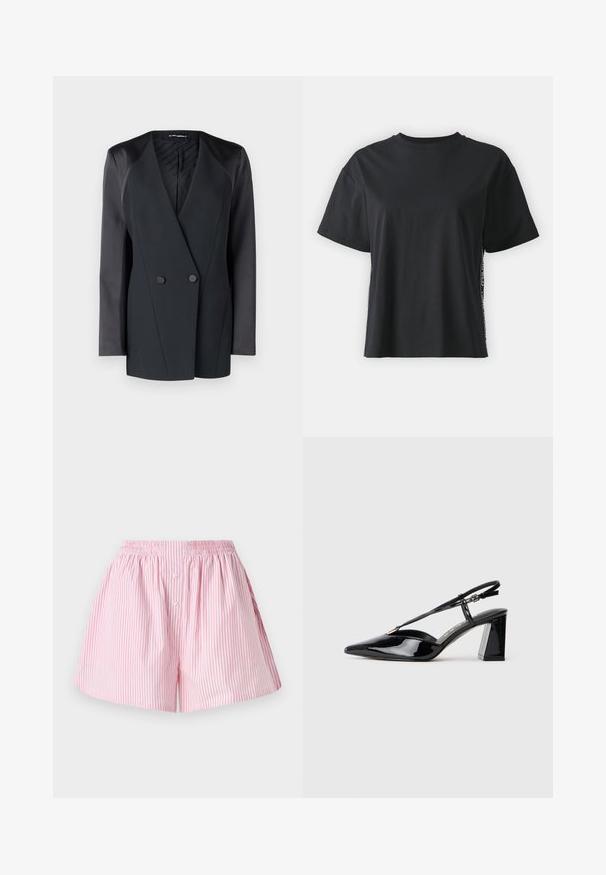 Juodas dublis su dviem mygtukais, turintis struktūrizuotą siluetą, satino peties akcentus ir tekstūruotą vidinį pamušalą. Lygus audinys su tvarkingomis linijomis.; Juoda trumpomis rankovėmis medvilninė marškinėliai su laisvu siluetu ir kontrastine šonine juostele, kurioje yra mažas tekstas ir dizaino detalės.; Rožiniai ir balti dryžuoti šortai su elastinga juosta, turintys glotnią tekstūrą ir du mažus priekinio užsegimo mygtukus.; Juodos lakinės odos aukštakulnės basutės su smailiu pirštu, reguliuojama juosta ir storu stačiakampiu kulnu.