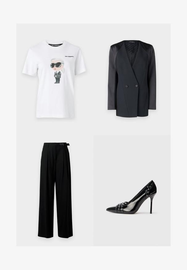 Mustmust valge jope, millel on struktureeritud siluett, satiinist õlavarre aktsendid ja tekstureeritud vooder. Sile kangas, millel on puhtad jooned.; Valge puuvillane T-särk, millel on graafiline illustratsioon tegelasest mustade päikeseprillide ja ülikonnaga. Etiketil on tekst "KARL LAGERFELD."; Mustad kõrge vöökohaga mustad laiad püksid, millel on ees voldid ja vöö, millel on pandla. Valmistatud siledast ja kergest kangast.; Mustan patendiga kõrge kontsaga king, terava varbaga, kolme dekoratiivse rihma ja naeltega ning "Karl Lagerfeld" brändimisega kontsal.