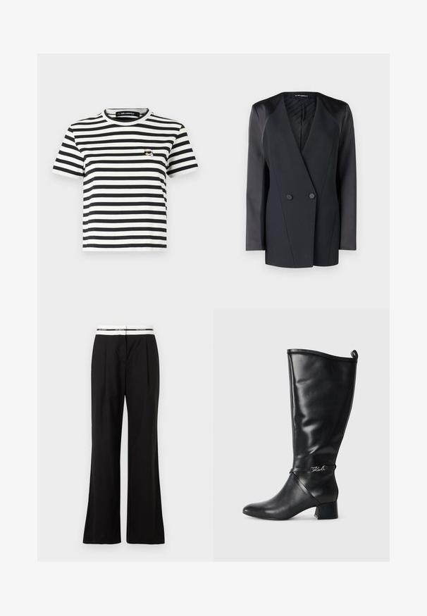 Fekete, dupla soros blézer, strukturált sziluettel, selyem vállrész kiemelésekkel és texturált belső béléssel. Simább anyag, tiszta vonalakkal.; Fekete-fehér csíkos, rövidujjú póló kerek nyakkivágással és egy kis hímzett logóval a bal mellrészen.; Fekete, lazán szabott nadrág, fehér rugalmas derékpánttal, amelyen márkajelzés található. Simogató, enyhén fényes anyagból készült.; Fekete bőr, térd felett érő csizma, hegyes orral és blokk sarkú, díszes pánttal, amely egy ezüst logót tartalmaz a bokánál. Simás textúra.