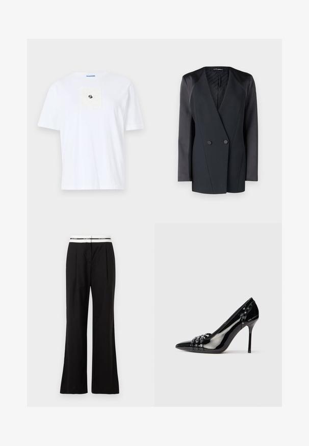 Black double-breasted blazer with a structured silhouette, satin shoulder accents, and a textured inner lining. Smooth fabric with clean lines.; White cotton t-shirt with a square textured patch on the chest featuring black logo detailing. Crew neck and short sleeves.; Black trousers with a relaxed fit, featuring a white elastic waistband with branding. Made of smooth fabric with a slight sheen.; Black patent leather stiletto heel shoe with pointed toe, three decorative straps with studs, and "Karl Lagerfeld" branding on heel.