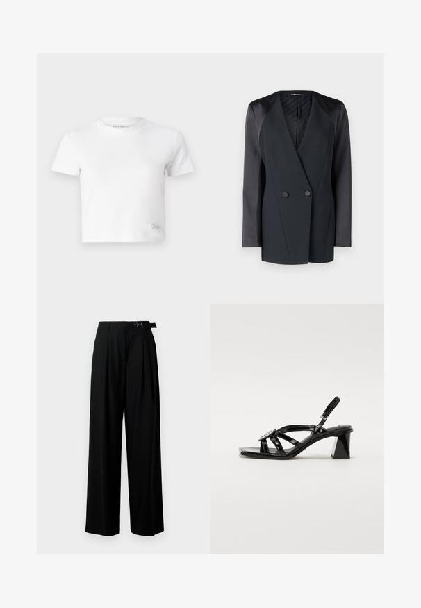Mustmust valge jope, millel on struktureeritud siluett, satiinist õlavarre aktsendid ja tekstureeritud vooder. Sile kangas, millel on puhtad jooned.; Valge lühike t-särk, mis on valmistatud siledast puuvillast, kõrge kaelusega ja lühikeste varrukatega. Väike tikand logoga alumises nurgas.; Mustad kõrge vöökohaga mustad laiad püksid, millel on ees voldid ja vöö, millel on pandla. Valmistatud siledast ja kergest kangast.; Must musta nahk sandaalid kõrgel kontsal, avatud varbaga, laiad rihmad, reguleeritav kinnituse ja geomeetriline plokknina.
