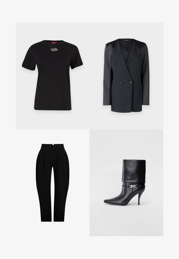 Blazer duplo em preto com uma silhueta estruturada, detalhes em cetim nos ombros e um forro texturizado. Tecido suave com linhas limpas.; T-shirt de algodão preto com mangas curtas e decote redondo. Apresenta um detalhe de logo prateado centrado no peito. Textura suave.; Calças pretas ajustadas com uma cintura alta, apresentando pregas frontais, uma textura suave e pernas afuniladas para uma silhueta ajustada.; Bota de tornozelo em couro preto com bico fino, alto salto stiletto, punho dobrado e detalhe decorativo em fivela dourada no tornozelo.