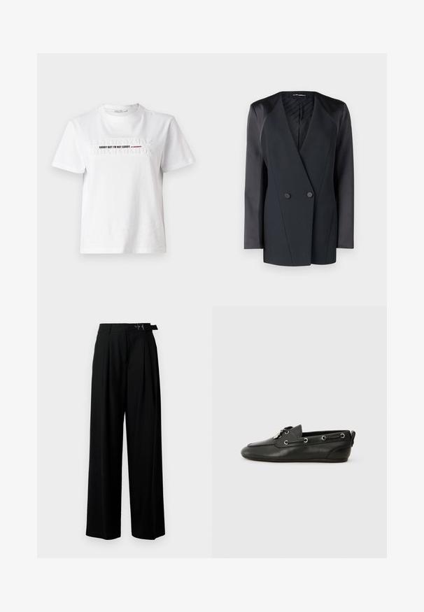 Μαύρο σακάκι με διπλό κούμπωμα και δομημένη σιλουέτα, σατέν λεπτομέρειες στους ώμους και υφασμάτινη εσωτερική επένδυση. Απαλή υφή με καθαρές γραμμές.; Λευκό βαμβακερό t-shirt με ανάγλυφο κείμενο "ΛΥΠΑΜΑΙ ΑΛΛΑ ΔΕΝ ΛΥΠΑΜΑΙ" σε μαύρο και κόκκινο, κοντά μανίκια και στρογγυλή λαιμόκοψη.; Μαύρο παντελόνι με φαρδιά πόδια και ψηλή μέση, πτυχές μπροστά και ζώνη με αγκράφα. Κατασκευασμένο από μαλακό, ελαφρύ ύφασμα.; Μαύρες δερμάτινες ναυτικές υποδήσεις με στρογγυλή μύτη, συρμάτινη μπροστά, μεταλλικά μάτια και επίπεδο πάτο. Διαθέτουν μια μικρή ετικέτα στο πίσω μέρος.