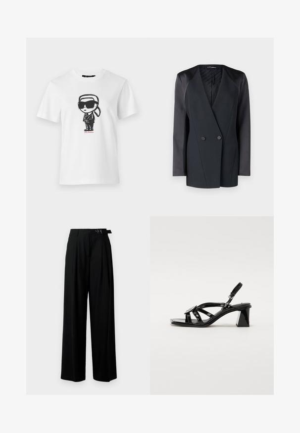 Melns dubultā piegriezuma bleikeris ar strukturētu siluetu, satīna plecu akcentiem un teksturētu iekšējo oderi. Gluda auduma ar tīrām līnijām.; Balta kokvilnas t-krekls ar melnbaltu multfilmu ilustrāciju, kurā attēlots tēls ar lielām saules brillēm un uzvalku, ar uzrakstu "KARL LAGERFELD" zem tā.; Melni plaši bikses ar augsto jostasvītru, priekšā ar krokojiem un jostu ar sprādzi. Izgatavotas no gludas, vieglas auduma.; Melnas lakotas ādas augstpapēžu sandales ar atvērtu purngali, platām siksnām, regulējamu sprādzi un ģeometrisku bloku papēdi.