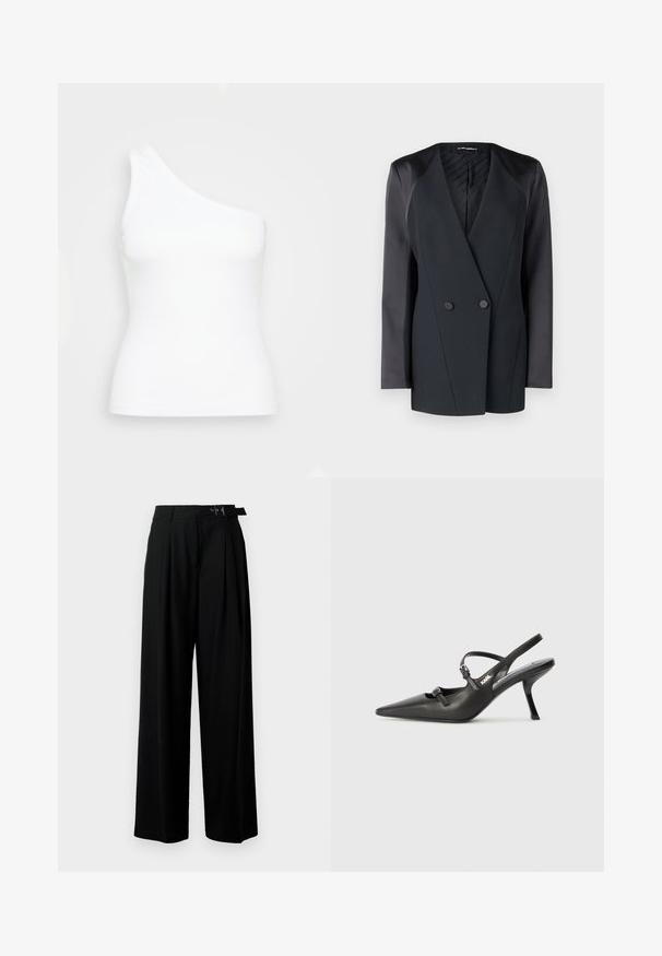 Čierny dvojradový blejzer so štruktúrovaným siluetou, saténovými ramennými akcentmi a textúrovanou vnútornou podšívkou. Hladká tkanina s čistými líniami.; Biela tielko na jedno rameno vyrobené z rebrovanej látky. Má priliehavý strih a hladkú textúru s čistým, minimalizmom inšpirovaným dizajnom.; Čierne široké nohavice s vysokým pásom, skladmi vpredu a opaskom s prackou. Vyrobené z hladkej, ľahkej textílie.; Čierne kožené slingback topánky na vysokom podpätku s ostrou špicou, štíhlym podpätkom a dekoratívnym detailom s prackou na priehlavku. Hladká textúra a elegantný dizajn.