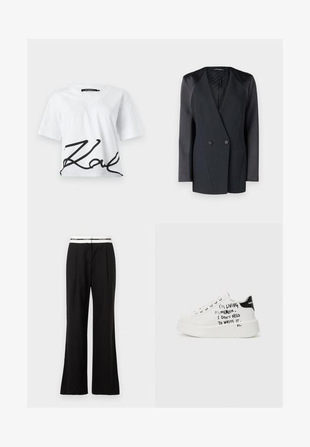 Čierny dvojradový blejzer so štruktúrovaným siluetou, saténovými ramennými akcentmi a textúrovanou vnútornou podšívkou. Hladká tkanina s čistými líniami.; Biele skrátené tričko s výstrihom do V a krátkymi rukávmi. Má veľké čierne písmenkované logo cez spodnú časť predného dielu. Vyrobené z bavlny.; Čierne nohavice s voľnejším strihom, s bielym elastickým pásom s brandingom. Vyrobené z hladkého materiálu s jemným leskom.; Biele platformové tenisky s čiernymi akcentmi, vybavené textúrovanou podrážkou a ručne písaným textom na bočných stranách. Hladký kožený materiál.