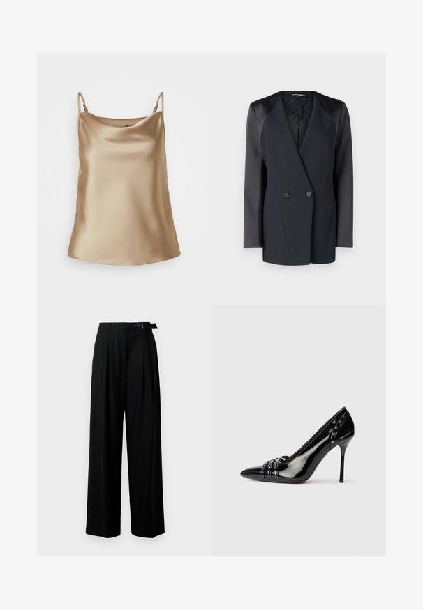Musta kaksirivinen bleiseri, jossa on tukeva siluetti, satiiniset olkapään korostukset ja teksturoitu vuori. Sileä kangas ja puhtaat linjat.; Satiinikangasta valmistettu halkio vaaleassa beessissä, jossa on ohuet olkaimet ja pehmeästi laskeutuva kaula-aukko. Kangas on sileä ja kiiltävä.; Mustat leveät housut korkealla vyötäröllä, etuosassa laskokset ja soljellinen vyö. Valmistettu sileästä ja kevyestä kankaasta.; Mustan patenttivahan täysikorkea korkokenkä, jossa on terävä kärki, kolme koristeellista nauhaa niiteillä ja "Karl Lagerfeld" -brändäys kannassa.