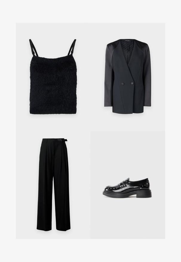 Zwarte dubbelbreasted blazer met een gestructureerd silhouet, satijnen schouderaccenten en een textuurrijke voering. Glad stof met strakke lijnen.; Zwarte fuzzy stof top met dunne bandjes. Textuur oppervlak, vierkante vorm en lichtgewicht ontwerp. Eenvoudige, monochromatische kleurencombinatie.; Zwarte wijde broek met hoge taille, plooien aan de voorkant en een riem met een gesp. Gemaakt van glad, lichtgewicht stof.; Zwarte gepatineerde leren instappers met decoratieve zilveren studs, ronde neus, lage blokhak en een gladde, glanzende textuur.