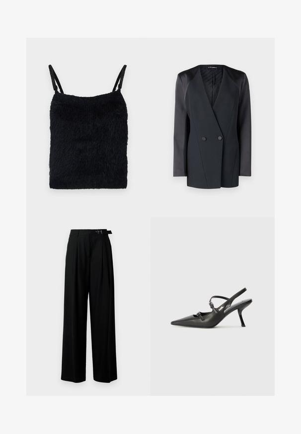 Mustmust valge jope, millel on struktureeritud siluett, satiinist õlavarre aktsendid ja tekstureeritud vooder. Sile kangas, millel on puhtad jooned.; Must must kärgiga riidest pealispind, millel on õhukesed rihmad. Tekstuuriga pind, ruudukujuline kuju ja kerge disain. Lihtne, monokromaatiline värviskeem.; Mustad kõrge vöökohaga mustad laiad püksid, millel on ees voldid ja vöö, millel on pandla. Valmistatud siledast ja kergest kangast.; Must musta slingback kontsad, terava nina, peenike konts ja dekoratiivne pandla detail peal. Sile tekstuur ja stiilne disain.