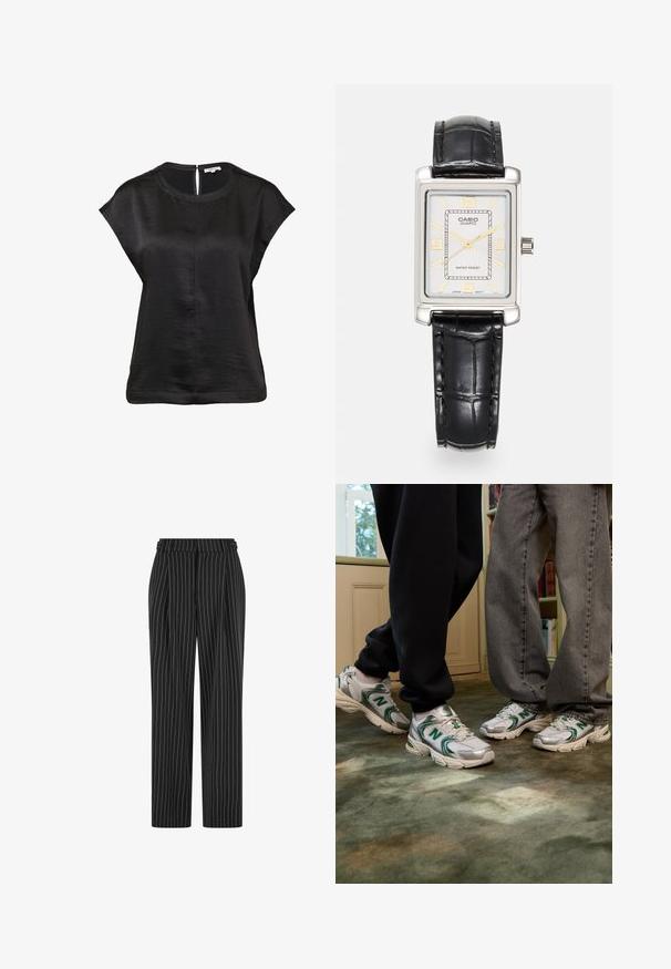 Brauner taillierter Blazer mit scharfen Revers, Ein-Knopf-Verschluss und seitlichen Taschen, kombiniert mit einem gerippten cremefarbenen Oberteil. Glatte Textur.; Schwarzes kurzärmliges Oberteil mit rundem Halsausschnitt, texturierter Stoff und einem Schlüsselloch-Detail im Rücken. Mit geradem Saum und minimaler Nahtverarbeitung.; Schwarze Nadelstreifenhose mit hoher Taille, gefaltetem Vorderteil und geradem Bein. Der Stoff wirkt strukturiert und ist maßgeschneidert für einen formellen Look.; Weiße und silberne Sneaker mit grünen Akzenten und "N"-Logo. Strukturiertes Mesh- und synthetisches Material, entworfen für Komfort.; Rechteckige Quarzarmbanduhr von Casio mit silbernem Zifferblatt, goldenen Akzenten, schwarzem krokodilprägt Lederarmband und wasserdichter Eigenschaft.