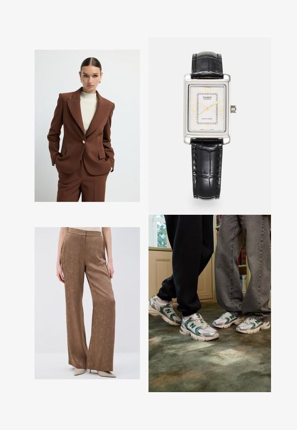 Brauner taillierter Blazer mit scharfen Revers, Ein-Knopf-Verschluss und seitlichen Taschen, kombiniert mit einem gerippten cremefarbenen Oberteil. Glatte Textur.; Weißes, geripptes Tanktop mit breiten Trägern und tailliertem Schnitt, kombiniert mit hochgeschnittenen schwarzen Hosen und einem schwarzen Gürtel.; Braune, weit geschnittene Hosen aus strukturiertem Stoff mit einem dezenten Muster. Verfügt über einen glatten Bund und hängt locker an den Hüften.; Weiße und silberne Sneaker mit grünen Akzenten und "N"-Logo. Strukturiertes Mesh- und synthetisches Material, entworfen für Komfort.; Rechteckige Quarzarmbanduhr von Casio mit silbernem Zifferblatt, goldenen Akzenten, schwarzem krokodilprägt Lederarmband und wasserdichter Eigenschaft.