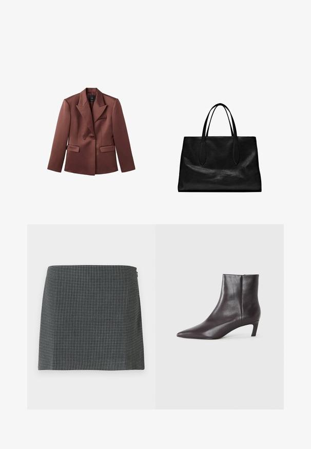 Blazer marron à double boutonnage en tissu lisse, avec un revers en notch, deux poches avant et un design ajusté élégant.; Pull noir à col roulé avec manches longues, en tissu doux. Présente une coupe ajustée avec une texture côtelée au niveau du col et de l'ourlet.; Jupe en damier noir et blanc en tissu à la texture lisse. Présente une silhouette droite et une fermeture éclair sur le côté.; Botte de cheville en cuir noir avec un bout pointu et un petit talon, finition lisse, fermeture éclair sur le côté, présentée sur un fond neutre.; Sac fourre-tout en cuir noir avec deux poignées allongées, une forme structurée, une texture lisse et un design minimaliste. Aucun matériel ou accent visible.