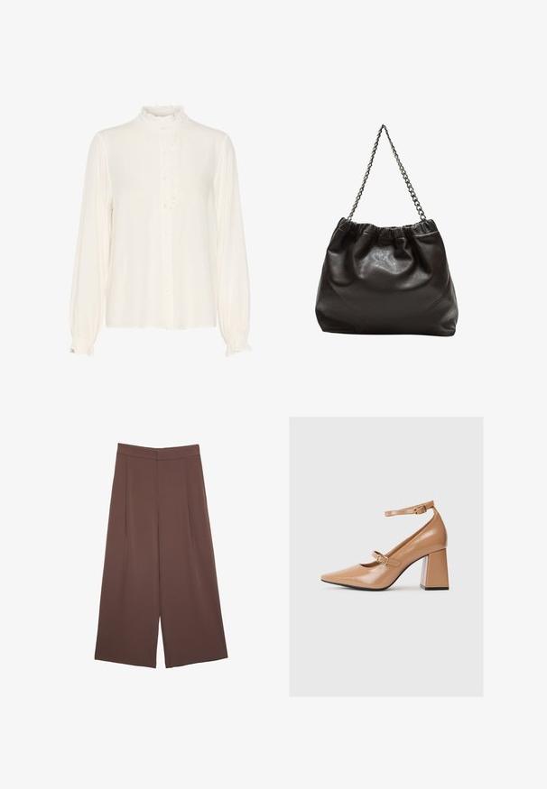 Rjav dvoredni blejzer iz gladkega materiala, ki ima zaključen ovratnik, dva sprednja žepa in eleganten kroj.; Bela bluzica iz gladkega materiala, srafirana z nabranim visokim ovratnikom, sprednjim gumbom in dolgimi rokavi z nabrano manšeto.; Rjave široke hlače z gladko teksturo, ki imajo visok pas in sprednje naborke. Tkanina je lahka in prosto pada.; Bež lakirane visoke pete z uskim nosom, z zapenjanjem okoli gležnja in debelim kvadratnim peto. Gladka tekstura z sijajnim zaključkom.; Rjava usnjena torba z nabranim vrhom in verižnim trakom. Gladka tekstura z sijajno površino in subtilnimi šivi na straneh.