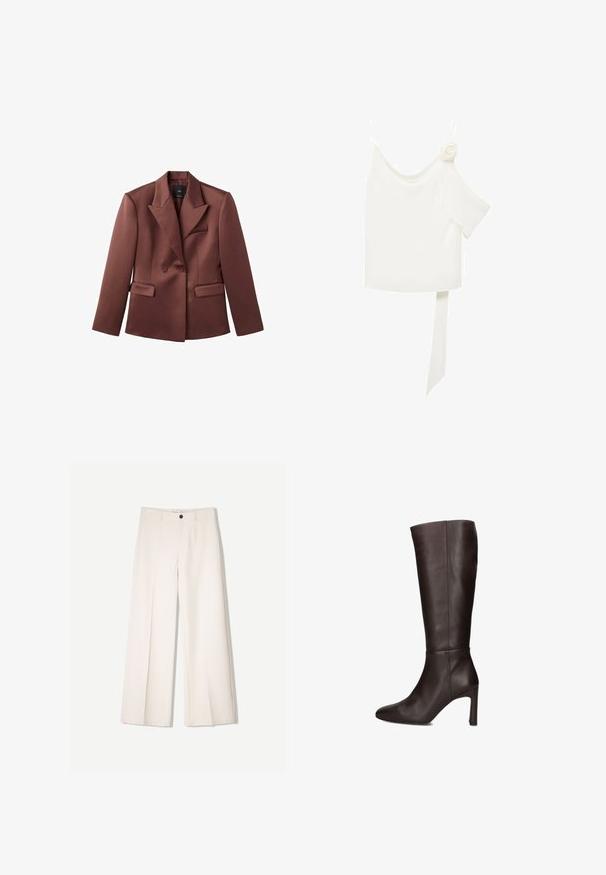 Brown double-breasted blazer made of smooth fabric, featuring a notched lapel, two front pockets, and a sleek tailored design.; White blouse with a one-shoulder design, featuring a floral accent on one side and a long, tied panel at the waist. Smooth texture.; Cream wide-leg trousers with a tailored design, featuring two front pockets and a single front button closure, made from smooth fabric.; Knee-high brown leather boots with a pointed toe and a slender high heel, featuring a smooth texture and clean design lines.
