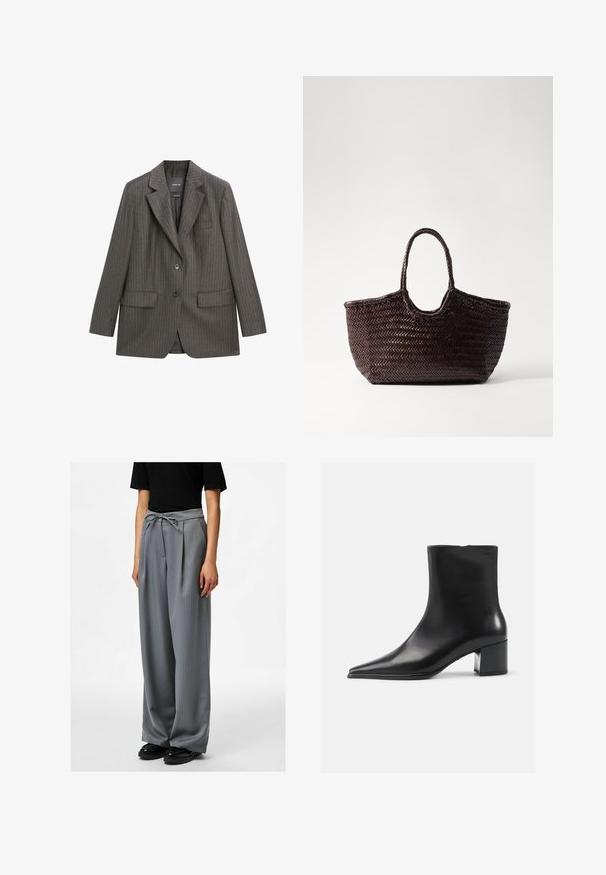 Upravený šedý pruhovaný blazer vyrobený z měkké látky, s klopovým límcem, dvěma předními kapsami a zapínáním na jeden knoflík.; Massimo Dutti RIBBED CREW NECK - Svetr - LIGHT BROWN; Světle šedé kalhoty s jemným proužkem a volným střihem, se zavazováním v pase a záhyby, doplněné černými botami.; Černá kožená kotníková bota s špičatou špičkou, hladkým povrchem a středním blokovým podpatkem. Minimalistický design, zapínání na zip na zadní straně.; Woven hnědá taška s kulatým vrcholem a dvěma rukojeťmi. Obsahuje texturovaný vzor s širokou, otevřenou strukturou pro snadný přístup.; Tři provázané prsteny vyrobené z leštěného stříbra, zdobené několika čtvercovými diamanty zasazenými v drátovém osazení.