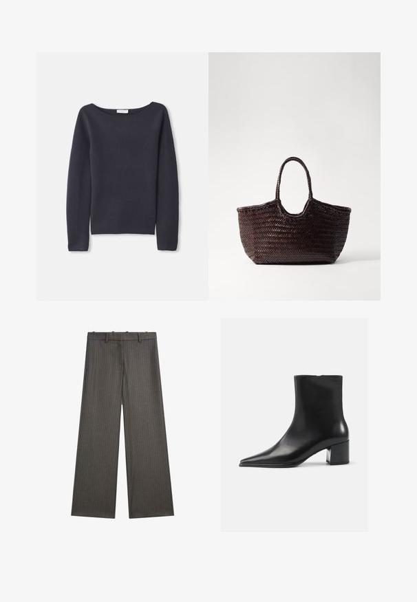 Blazer gris à rayures fines sur mesure, confectionné dans un tissu doux, avec un col à revers, deux poches avant et une fermeture à un bouton.; Pull en maille bleu marine à manches longues avec un col large, une texture douce et une coupe décontractée. Présente des coutures minimales et aucun fermoir visible.; Pantalons larges en gris foncé, présentant un subtil motif de rayures. Fabriqués dans un tissu lisse avec un devant plat et des passants de ceinture.; Bottine en cuir noir avec un bout pointu, texture lisse et un talon bloc moyen. Design minimaliste, fermeture éclair à l'arrière.; Sac fourre-tout tissé marron avec un sommet arrondi et deux poignées. Présente un motif texturé avec une structure large et ouverte pour un accès facile.; Trois anneaux entrelacés en argent poli, ornés de plusieurs diamants taillés en carré sertis sur griffes.