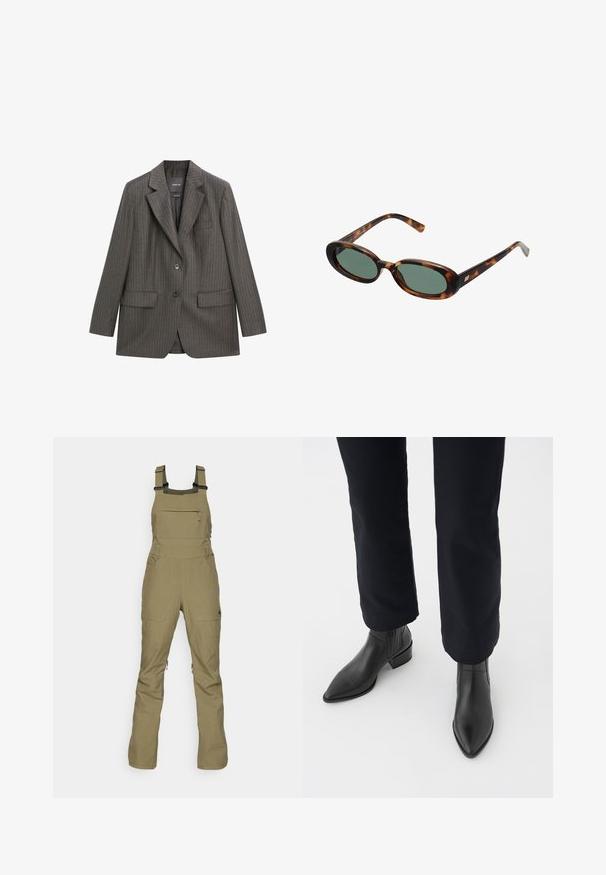 Skräddarsydd grå kostymjacka med smala ränder, tillverkad av mjukt tyg, med spetsig krage, två framfickor och en enkel knappstängning.; Massimo Dutti RIBBED CREW NECK - Stickad tröja - LIGHT BROWN; Olivgrön overaller tillverkade av slitstarkt tyg, med justerbara remmar, en framficka med dragkedja och två sidofickor. Modern, funktionell design.; Svarta läderankelstövlar med spetsig tå, klack i blockstil och texturerade sidopaneler, bärs med mörka byxor mot en vit bakgrund.; Sköldpaddsmönstrade solglasögon med ovala bågar och gröna linser. Har tunna skalmar med en metallisk detalj vid gångjärnen.; Grå ullfilt med en mjuk, texturerad yta och ett vikt hörn. Kanterna är fint sydda, vilket ökar hållbarheten.