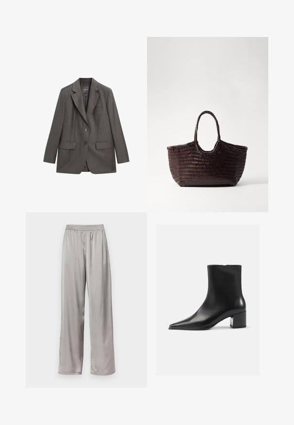 Op maat gemaakte grijze pinstripe blazer van zacht stof, met een notch-kraag, twee voorzakken en een enkele knoopsluiting.; Massimo Dutti RIBBED CREW NECK - Trui - LIGHT BROWN; Lichtgrijze, rechte broek van gladde, zijden stof. Bevat een elastische tailleband en subtiele logo borduur op de zijkant.; Zwarte leren enkellaars met een spitse neus, een soepele textuur en een middenblokhak. Minimalistisch ontwerp, ritssluiting aan de achterkant.; Geweven bruin tote bag met een afgeronde bovenkant en twee handvatten. Heeft een gestructureerd patroon met een brede, open constructie voor gemakkelijke toegang.; Drie in elkaar grijpen ringen van gepolijst zilver, met meerdere vierkante diamanten gezet in een zetting met klauwen.