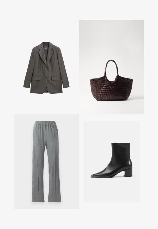 Upravený šedý pruhovaný blazer vyrobený z měkké látky, s klopovým límcem, dvěma předními kapsami a zapínáním na jeden knoflík.; Massimo Dutti RIBBED CREW NECK - Svetr - LIGHT BROWN; Šedé sportovní kalhoty s elastickým pasem, s rovnými nohavicemi a decentními detaily po stranách. Vyrobeny z měkké, texturované tkaniny.; Černá kožená kotníková bota s špičatou špičkou, hladkým povrchem a středním blokovým podpatkem. Minimalistický design, zapínání na zip na zadní straně.; Woven hnědá taška s kulatým vrcholem a dvěma rukojeťmi. Obsahuje texturovaný vzor s širokou, otevřenou strukturou pro snadný přístup.; Tři provázané prsteny vyrobené z leštěného stříbra, zdobené několika čtvercovými diamanty zasazenými v drátovém osazení.