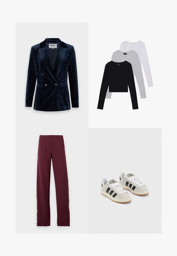 ONLY ONLASTRID ELSY FIT - Bleiser - night sky; Kolm pikkade varrukatega toppi, mis on üksteise peale asetatud: must, hall ja valge. Igal ühel on ümar kaelus ja lühike disain, valmistatud siledast, kergekaalulisest kangast.; Bordeaux värvi spordipüksid elastse vöökoha ja kontrastse oliivroheline külgtriibuga, sirge jala disainiga ja sileda tekstuuriga.; Hallid hallid nahkrennid valgete paeltega, mustade triipudega ja valge kummitaldiga. Omab ümmargust logo keeles ja kummitalda.