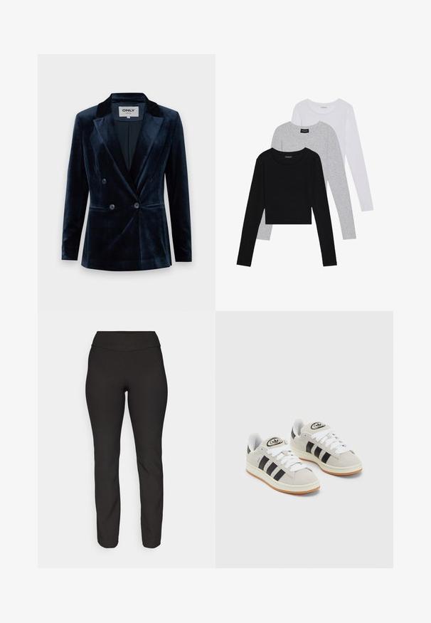 ONLY ONLASTRID ELSY FIT - Bleiseri - night sky; Kolme pitkähihasta paita päällekkäin: musta, harmaa ja valkoinen. Jokaisessa on pyöreä pääntie ja lyhennetty muotoilu, jossa on sileä ja kevyt kangas.; Mustat slim-fit-housut, jotka on valmistettu venyvästä materiaalista. Niissä on korkea vyötärö ja suora lahje, sileä pinta ja ei näkyviä kuvioita.; Harmaat mokkasiinikenkä, joissa on valkoiset nauhat, mustat raidat ja valkoinen kumipohja. Kantajassa on pyöreä logo ja vaaleanruskea pohja.