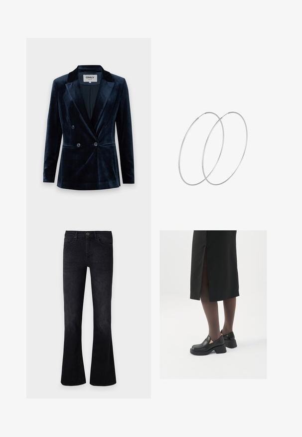 ONLY ONLASTRID ELSY FIT - Kratka jakna - night sky; Crna bezrukavna majica s teksturiranim geometrijskim uzorkom, izrađena od sjajnog materijala. Ima okrugli izrez i uski kroj.; Crne traperice raširenog kroja, s srednjim strukom, ukrasima sprijeda i klasičnim dizajnom s pet džepova.; Crne kožne cipele s zaobljenim vrhom, debelim blok petama i elastičnim bočnim detaljima, uparene s tamnim čarapama i crnom suknjom s prorezom.; Srebrne okrugle naušnice s minimalističkim dizajnom. Kružni oblik, glatka tekstura i tanak profil. Lagane s poliranim završetkom.