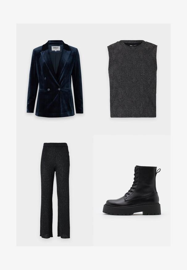 ONLY ONLASTRID ELSY FIT - Bleiser - night sky; Must rinnatükk musta värvi, millel on tekstuuriline geomeetriline muster ja mis on valmistatud sädelevast kangast. Omab ümmargust kaelust ja figuuri vastavat lõiget.; Mustad, sädeleva lõngaga lõhkuvad püksid elastse vöökoha ja pehme tekstuuriga; omavad üle kogu pinna peeneid säravaid detaile.; Mustad mustad nahast pahkluu saapad ümarate varvastega, nööridega esiosas ja paksu kummist talla ning tekstuuritud mustriga. Tagumine tõmbeaas.