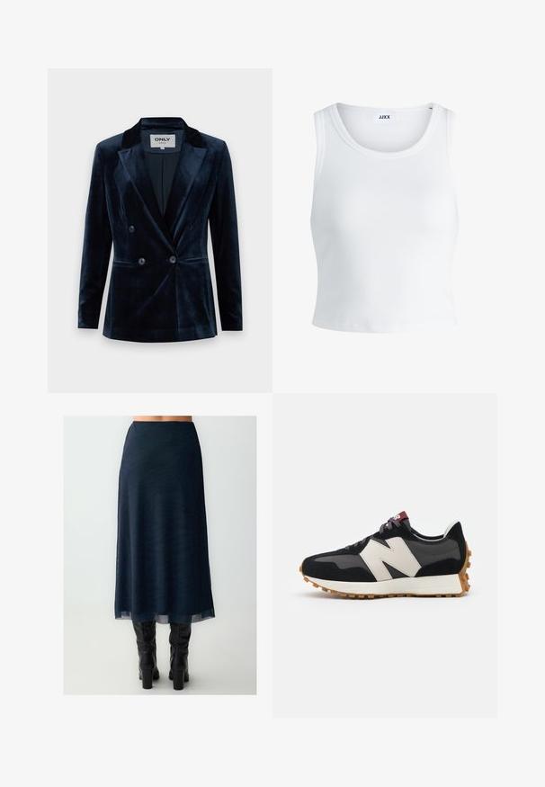 ONLY ONLASTRID ELSY FIT - Blazer - night sky; Witte geribbelde tanktop met een ronde hals, zonder mouwen en een cropped lengte. Label draagt "JJXX." Gladde stoftextuur.; Een donkerblauwe rok van een transparante, gestructureerde stof met een subtiel zebra-patroon, vallend tot halverwege de kuit, gecombineerd met zwart kniehoge laarzen.; Zwarte en grijze suède sneaker met een groot crèmekleurig "N"-logo, paarse veters en een gestructureerde rubberen zool van gum.