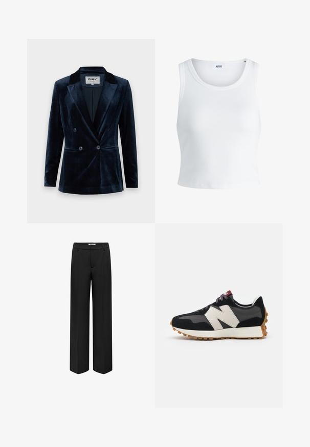 ONLY ONLASTRID ELSY FIT - Bleizeris - night sky; Balta raukšlėta tank top marškinėliai su apvaliu iškirpimu, be rankovių dizainu ir trumpa ilgio. Etiketėje parašyta "JJXX." Lygus audinio paviršius.; ONLY BERRY HW WIDE TLR - Kelnės - black; Juoda ir pilka zomšinė sportinė avalynė su dideliu kreminiu "N" logotipu, violetinėmis raištelėmis ir tekstūruota gumos padu.