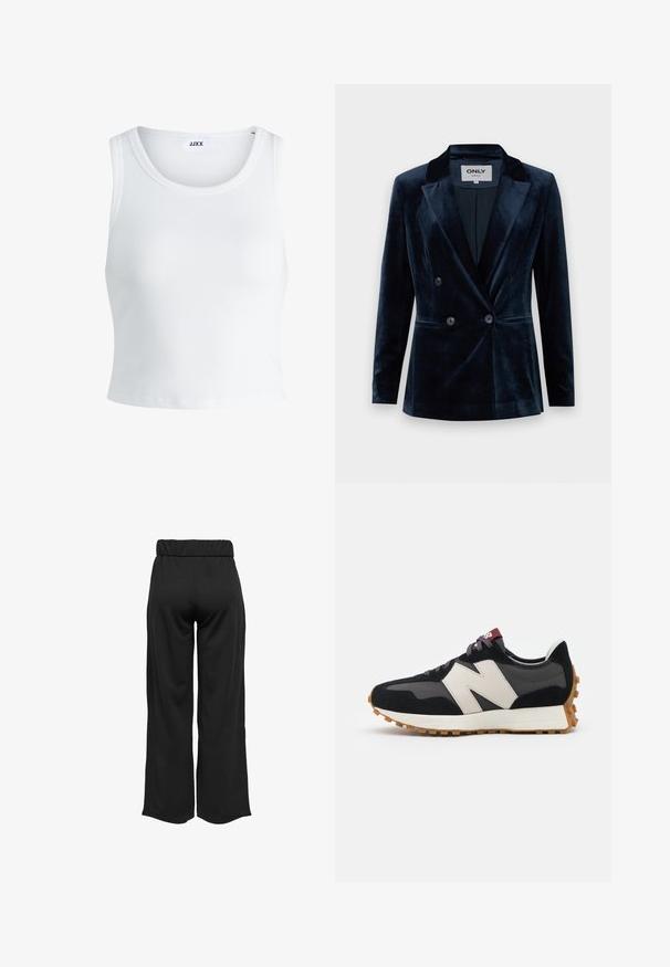 ONLY ONLASTRID ELSY FIT - Bleiser - night sky; Valge ribakujuline tank top, millel on ümmargune kaelus, varrukateta disain ja lühike pikkus. Silt ütleb "JJXX." Sile kangast tekstuur.; Mustad, laiad püksid elastse vöökohtaga, valmistatud siledast kangast. Omab lihtsat disaini, ilma taskute või nähtavate õmbluste detailideta.; Mustmust ja halli nubukist tennisajal on suur kreemjas "N" logo, lilla paelad ja tekstureeritud kummist välispohja.